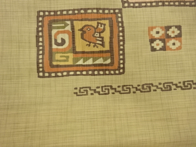  色紙に抽象花鳥模様織出し名古屋帯